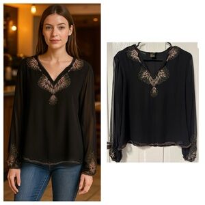 Silk embroidered beaded Feather black long sleeve blouse size small